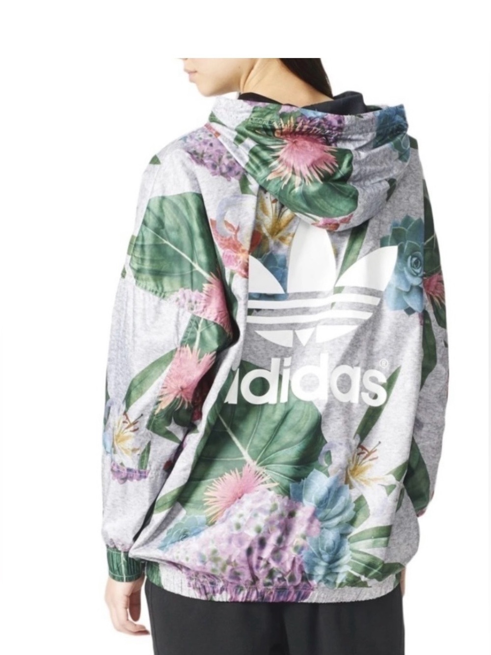 Adidas Gray Hoodie with Green and Purple Floral Design SIZE SMALL - Picture 2 of 16
